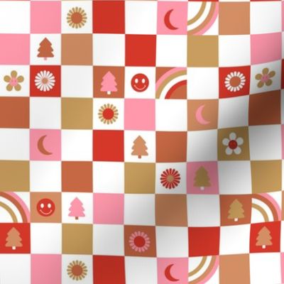 Retro Christmas seasonal checkerboard - groovy gingham check design with smileys trees rainbows flower and moon seventies vintage palette red pink caramel rust