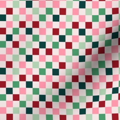 Basic minimalist retro checkerboard - Christmas seasonal gingham pattern block print vintage palette red pink mint on ivory