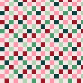 Basic minimalist retro checkerboard - Christmas seasonal gingham pattern block print vintage palette red pink mint on ivory