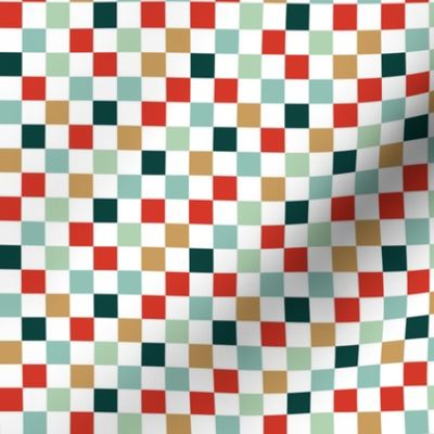 Basic minimalist retro checkerboard - Christmas seasonal gingham pattern block print red blue teal mint ochre boys palette