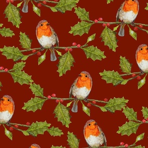 Christmas Robin and Holly Branch Burnt Red | Large Scale