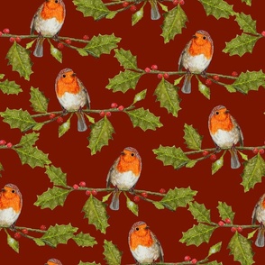 Christmas Robin and Holly Branch Burnt Red | Medium Scale