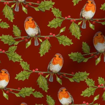 Christmas Robin and Holly Branch Burnt Red | Small Scale