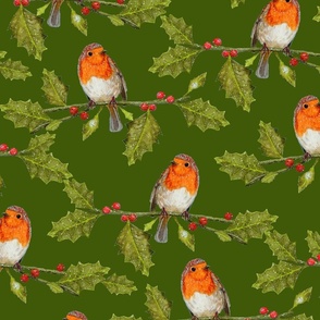 Christmas Robin and Holly Branch on Forest Green | Large Scale