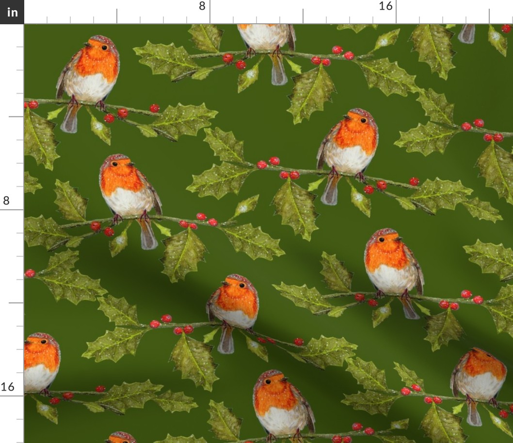 Christmas Robin and Holly Branch on Forest Green | Medium Scale