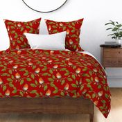 Christmas Robin and Holly Branch on Currant Red | Large Scale