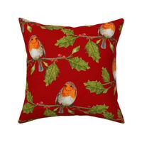 Christmas Robin and Holly Branch on Currant Red | Large Scale