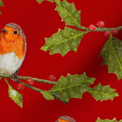 Christmas Robin and Holly Branch on Currant Red | Large Scale