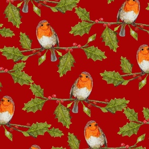 Christmas Robin and Holly Branch on Currant Red | Large Scale