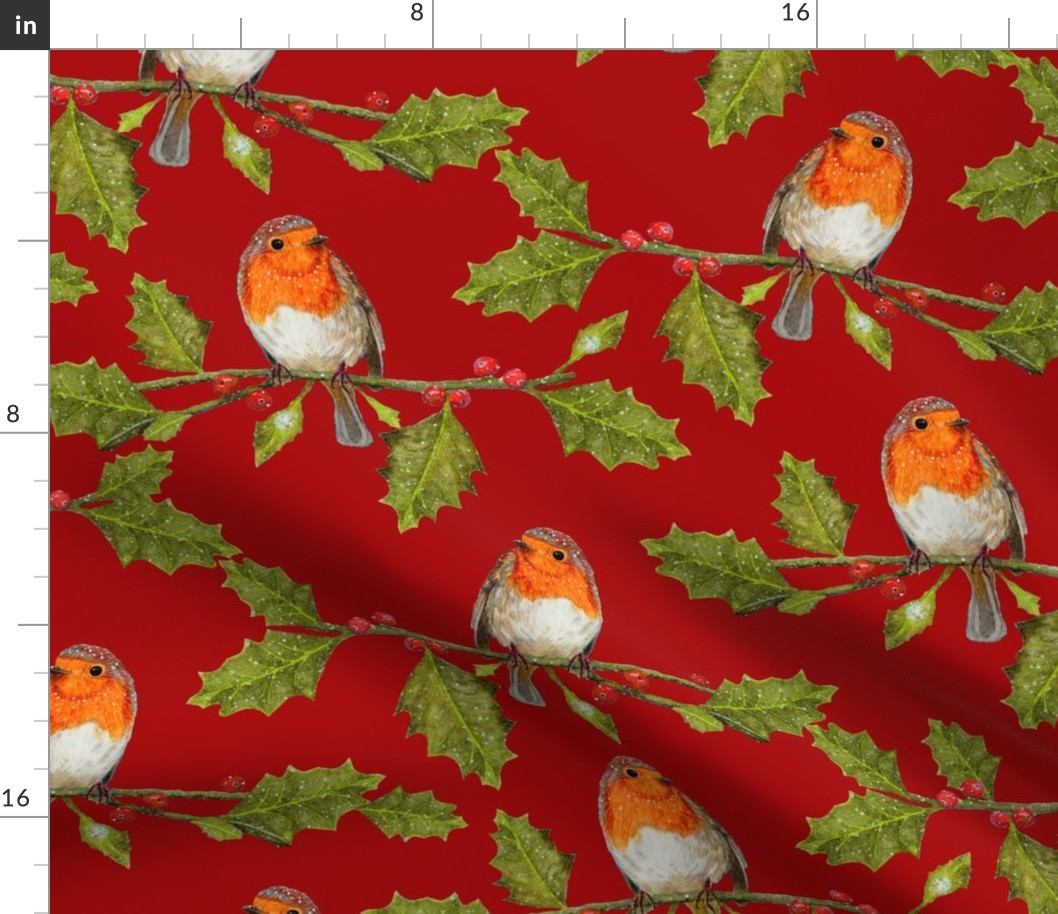 Christmas Robin and Holly Branch on Currant Red | Large Scale