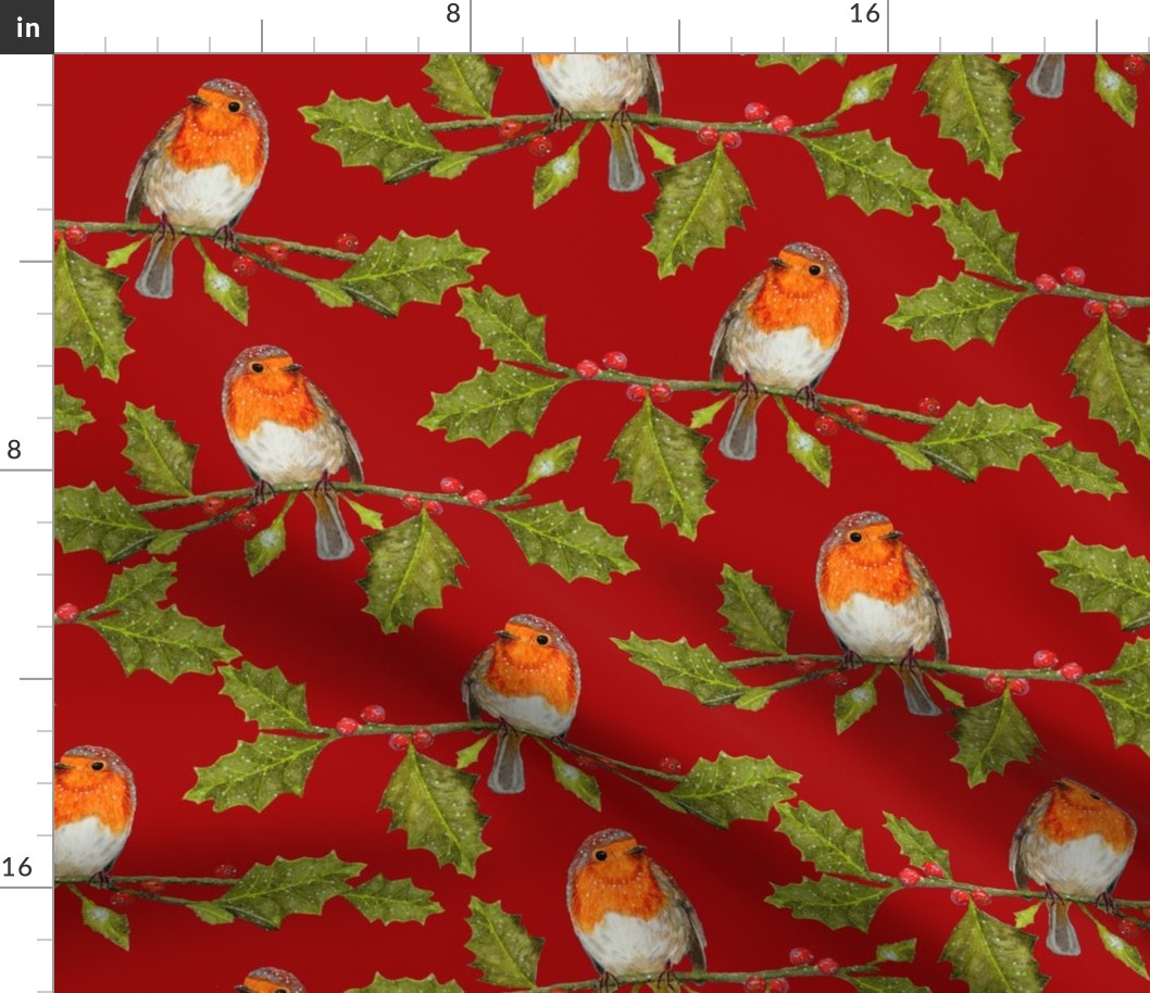 Christmas Robin and Holly Branch on Currant Red | Medium Scale