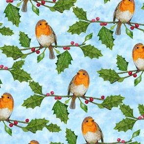 Christmas Robin and Holly Branch on Tie-Dye Blue | Large Scale
