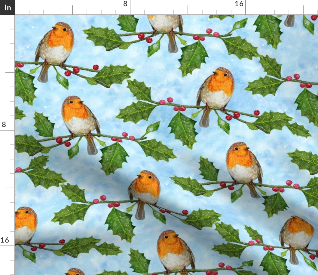 Christmas Robin and Holly Branch on Tie-Dye Blue | Medium Scale