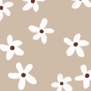 Pretty Flower Floral Painted Daisy - White & Brown on Beige - Big