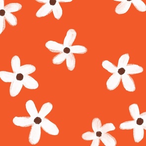 Pretty Flower Floral Painted Daisy - White & Brown on Orange Tangerine - Big
