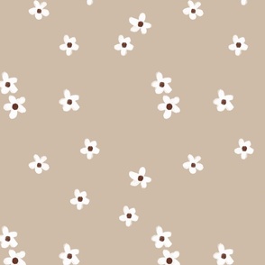 Pretty Flower Floral Painted Daisy - White & Brown on Beige - Cute Small