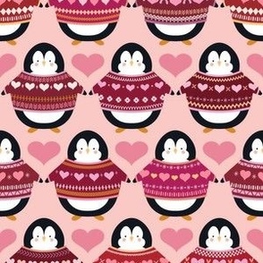 Valentine Penguins in Sweaters - Small Scale - Hearts Pink Sweaters Jumpers