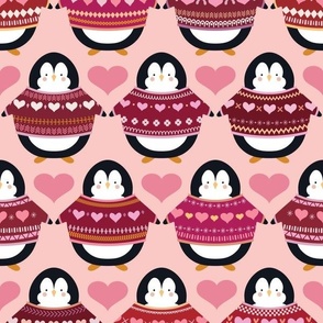 Valentine Penguins in Sweaters - Medium  Scale - Hearts Pink Sweaters Jumpers