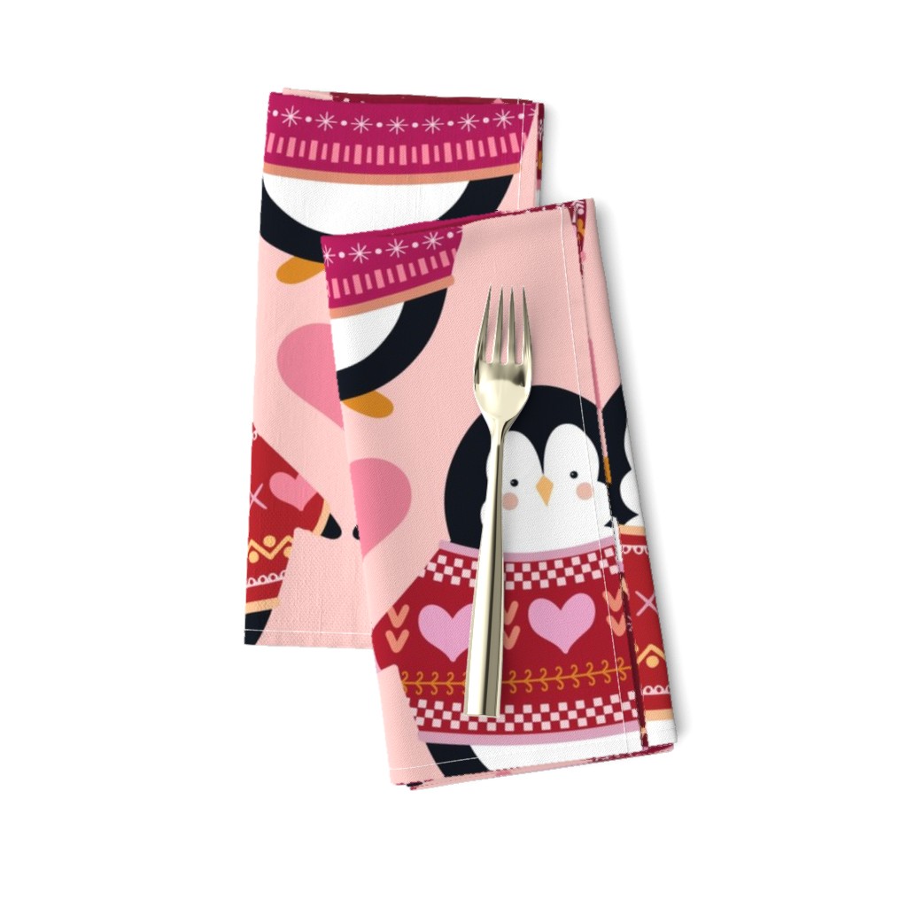 Valentine Penguins in Sweaters - Large Scale - Hearts Pink Sweaters Jumpers