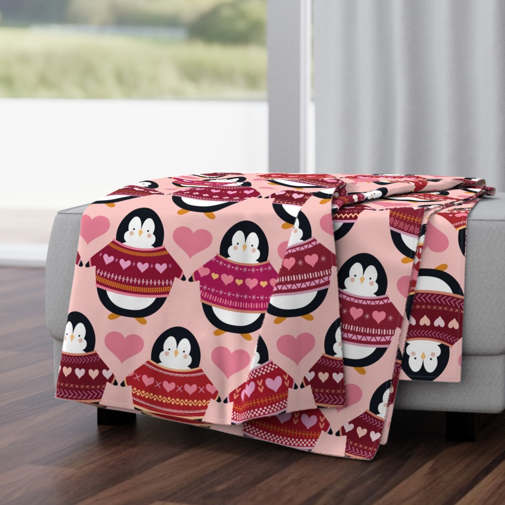 Valentine Penguins in Sweaters - Large Scale - Hearts Pink Sweaters Jumpers