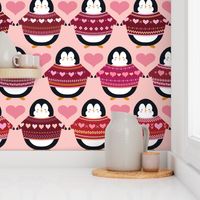 Valentine Penguins in Sweaters - Large Scale - Hearts Pink Sweaters Jumpers