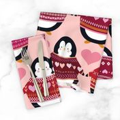 Valentine Penguins in Sweaters - Large Scale - Hearts Pink Sweaters Jumpers