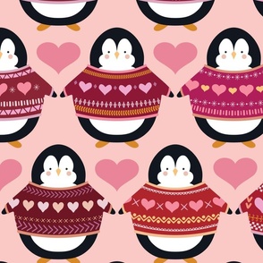 Valentine Penguins in Sweaters - Large Scale - Hearts Pink Sweaters Jumpers