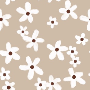 Pretty Flower Floral Painted Daisy - White & Brown on Beige - Medium