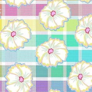 Delightful multicolored gingham print with flower pops  - petunias and rainbow - Large Scale