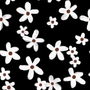 Pretty Flower Floral Painted Daisy - White & Brown on Black - Medium