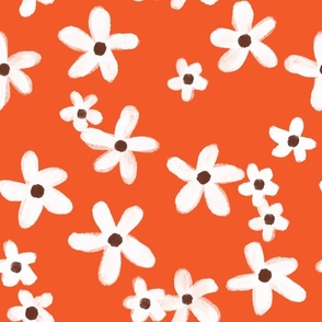 Pretty Flower Floral Painted Daisy - White & Brown on Orange Tangerine - Medium