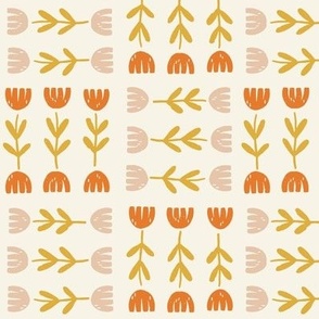 Spring Flower Patchwork - Large - Pink, Red, Yellow on Cream | Colourfu Block Printed  Tulips