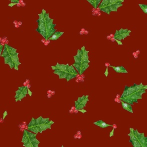 Christmas Holly and Berries on Burnt Red | Large Scale