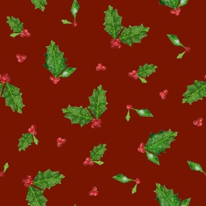 Christmas Holly and Berries on Burnt Red | Medium Scale