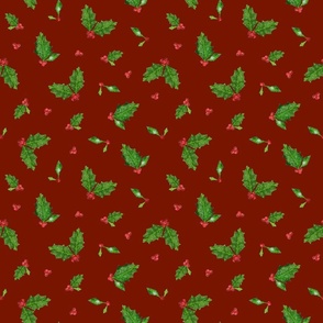 Christmas Holly and Berries on Burnt Red | Small Scale