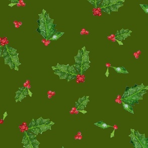 Christmas Holly and Berries on Forest Green | Large Scale