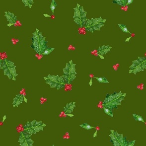 Christmas Holly and Berries on Forest Green | Medium Scale