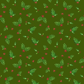 Christmas Holly and Berries on Forest Green | Small Scale