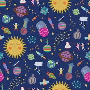 A playful cartoon style print of galaxy and space with stars, sun, moon, space ships - medium scale.