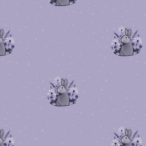 Light purple themed dainty print with rabbits and ditsy floral for kids room - small  scale.