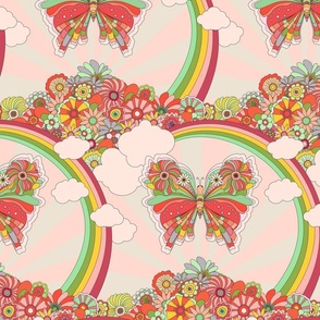 Pink and peach retro print of a whimsical garden for girls room - flowers, butterflies and rainbow - mid size.