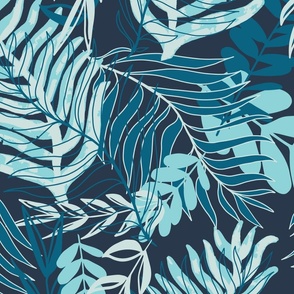 Tropical flamingo Leaves on Navy Blue #29384C