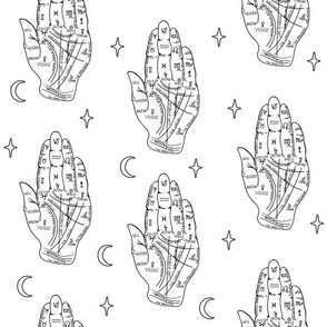 Palmistry Hand with Crescent Moon and Stars on White