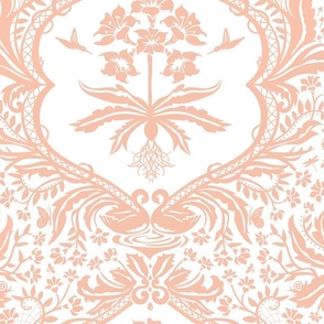 Feminine Victorian Damask Birds, Birdhouse - pastel pink - wallpaper