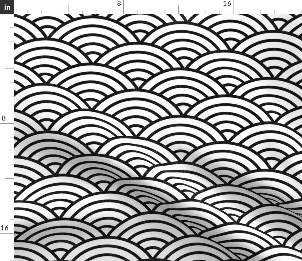 Japanese Rainbow Arches- Petal Solids Coordinates- Black on White- Large- Linen Texture- Rainbows- Scalopped Arches- Sea Waves- Black and White- Neutral