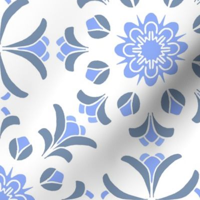Folk Art Floral Kaleidoscope in Grayed Blues on White