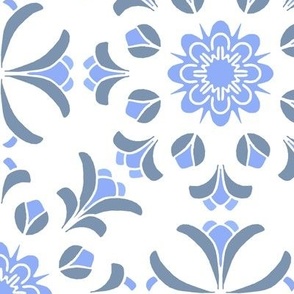 Folk Art Floral Kaleidoscope in Grayed Blues on White