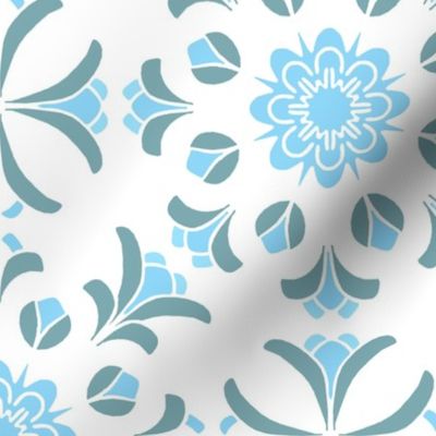 Folk Art Floral Kaleidoscope in Turquoise and Grayed Blue on White