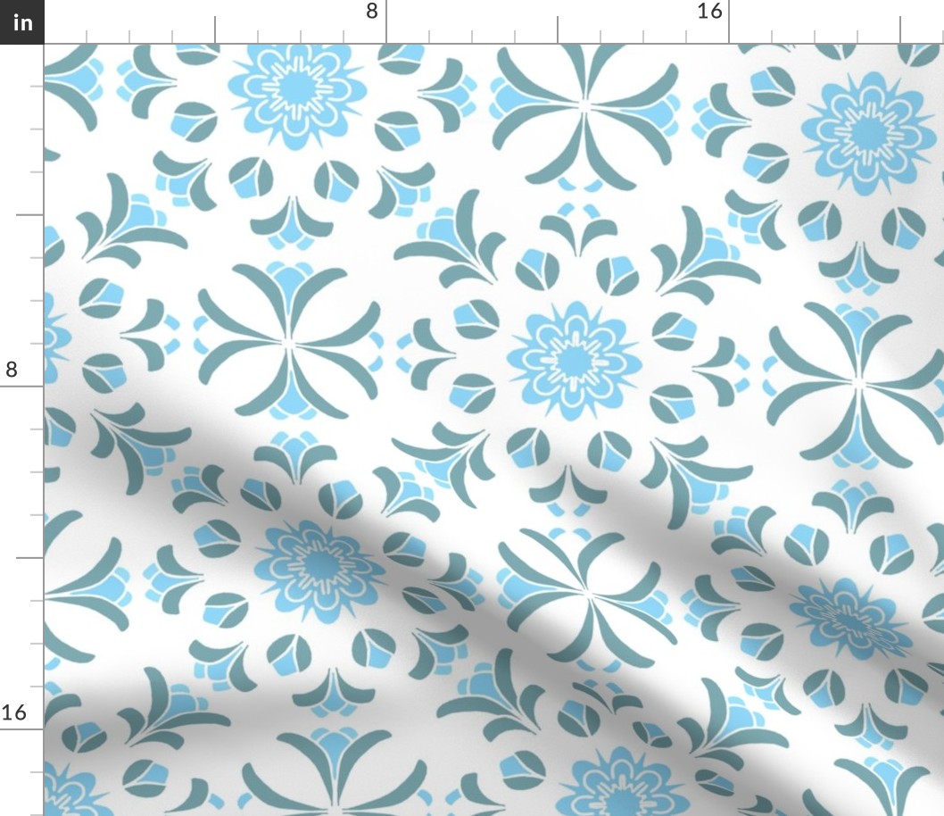 Folk Art Floral Kaleidoscope in Turquoise and Grayed Blue on White