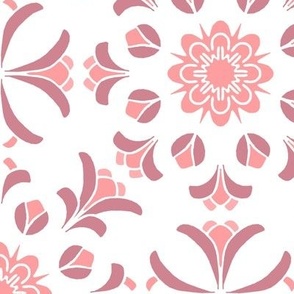 Folk Art Floral Kaleidoscope in Dusty Rose Pinks on White
